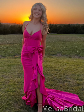 Sexy Pink Mermaid Spaghetti Straps Bow Long Formal Dress to Impress,MB11219