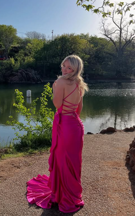 Sexy Pink Mermaid Spaghetti Straps Bow Long Formal Dress to Impress,MB11219