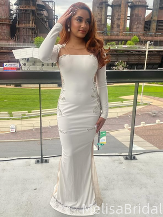 Popular White Long Sleeve Mermaid Long Formal Dress to Impress,MB11242