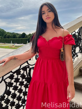 Popular Red A-line Off-shoulder Long Formal Dress to Impress,MB11233