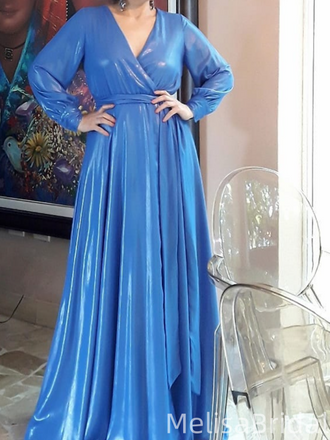 Popular Blue A-line Long Sleeve Long Formal Dress to Impress,MB11231