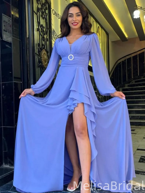Popular Purple Long Sleeve Slit  Long Formal Dress to Impress,MB11251