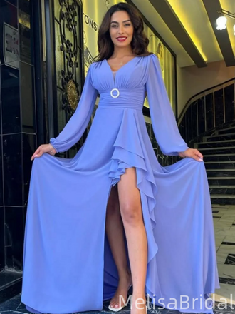 Popular Purple Long Sleeve Slit  Long Formal Dress to Impress,MB11251