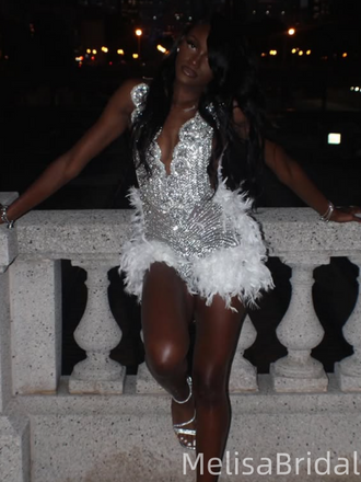 Sparkly White V-neck Short Homecoming Dress, HD569
