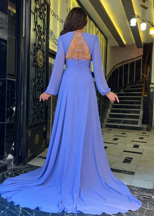 Popular Purple Long Sleeve Slit  Long Formal Dress to Impress,MB11251