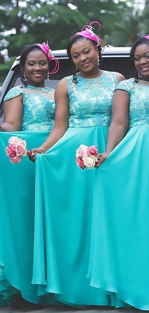 MIsmached Elegant Blue Lace Appliques Simple Cheap A-Line Long Bridesmaid Dresses,BD188