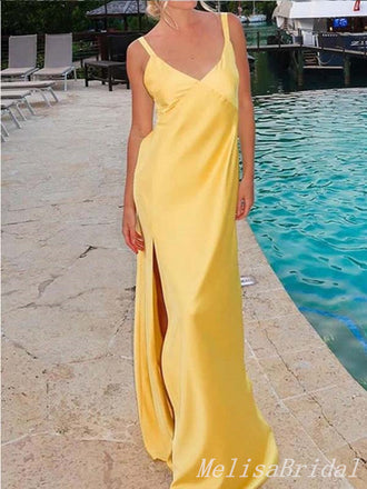 Sexy Elegant Column Yellow V Neck Open Back Evening Gown Long Prom Dresses,MB299