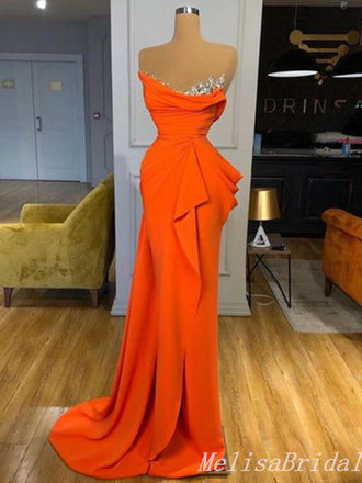 Strapless Orange Beaded Mermaid Evening Gown Maxi Long Evening Party Prom Dresses ,MB781