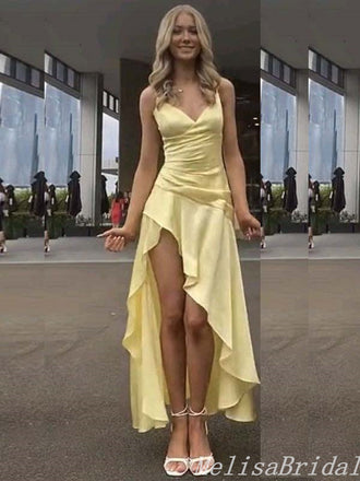 Elegant Light Yellow A-Line V-Neck Spaghetti Straps Asymmetrical Evening Gown Maxi Long Formal Dresses Prom Dresses,MB468