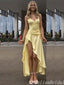 Elegant Light Yellow A-Line V-Neck Spaghetti Straps Asymmetrical Evening Gown Maxi Long Formal Dresses Prom Dresses,MB468