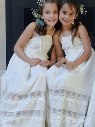Cute White Spaghetti Straps Lace Tulle A- Line Cheap Simple Long Flower Girl Dresses,FG45