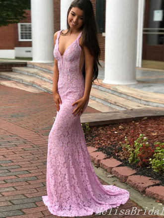 Sexy Plunging Lace Appliques Open Back Mermaid Evening Gown Maxi Long Formal Dresses Prom Dresses,MB483