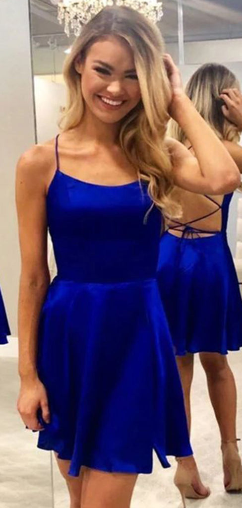 Elegant Royal Blue Spaghetti Straps Lace Up Back A-Line Cheap Simple Short Homecoming Dresses, HD83