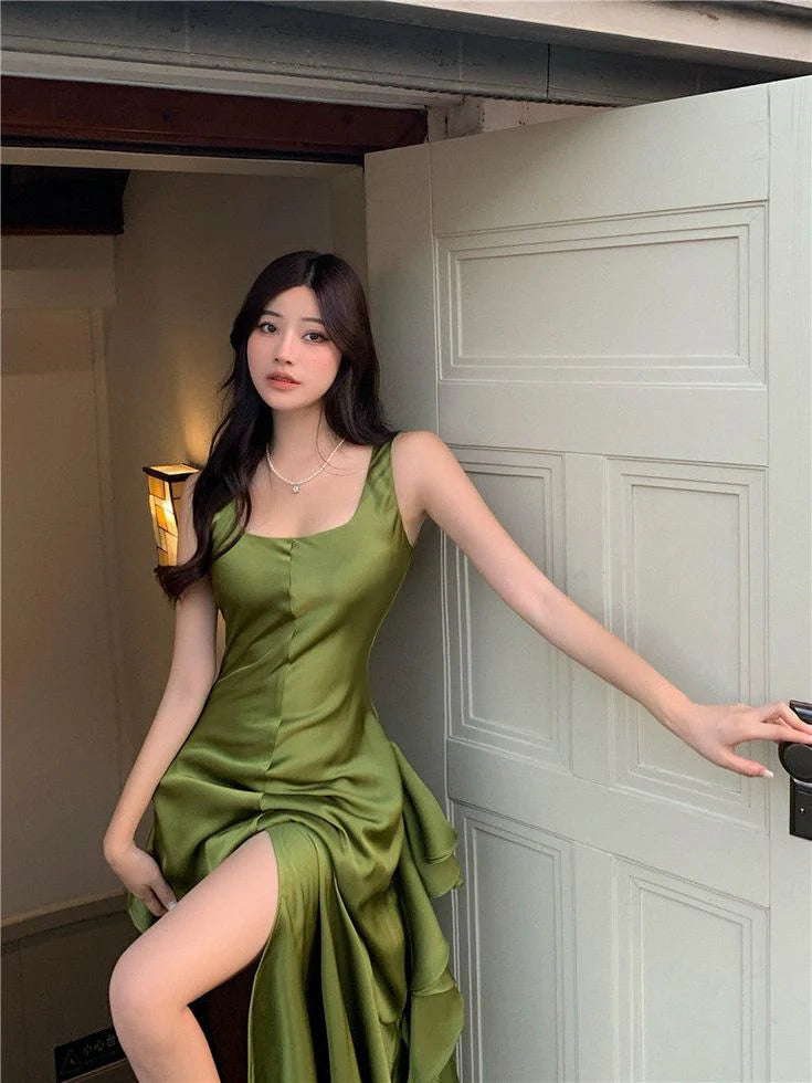 Elegant Green Backless Side Slit Ruffles A-Line Long Prom Dresses,MB20