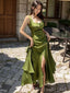 Elegant Green Backless Side Slit Ruffles A-Line Long Prom Dresses,MB20