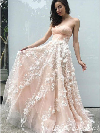 Pearl White A-Line Floral Appliques Sweetheart Strapless Evening Gown Maxi Long Evening Party Prom Dresses,MB638