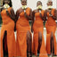 Elegant Orange One Shoulder Side Slit Mermaid Simple Long Cheap Bridesmaid Dresses ,BD98