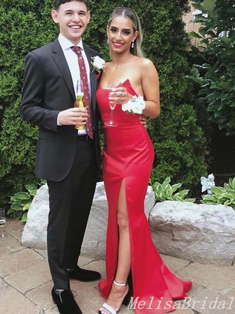 Sexy Red Strapless Mermaid Evening Gown Maxi Long Formal Dresses Prom Dresses With Side Slit,MB412