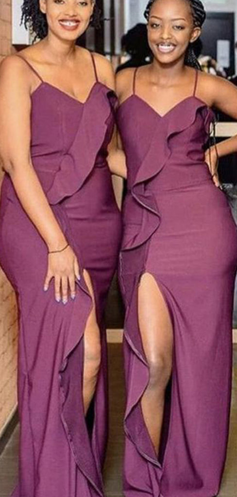 Sexy Dark Purple Spaghetti Straps Ruffle Side Slit Satin Simple Cheap Mermaid Long Bridesmaid Dresses ,BD170