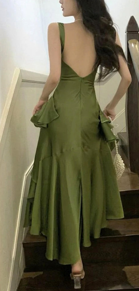 Elegant Green Backless Side Slit Ruffles A-Line Long Prom Dresses,MB20