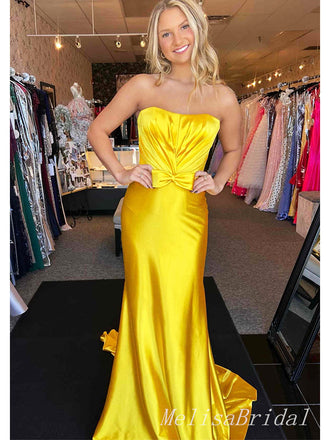 Elegant Yellow Pleats Strapless Mermaid Long Evening Prom Dresses,MB126