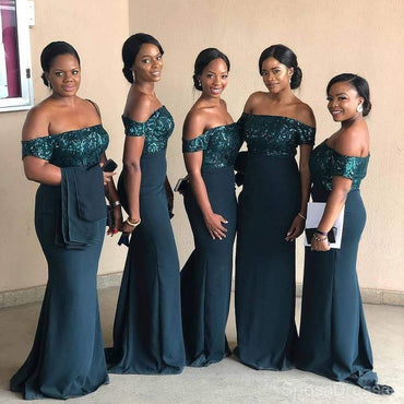Elegant Dark Green Off Shoulder Sequin Simple Cheap Mermaid Long Bridesmaid Dresses ,BD147