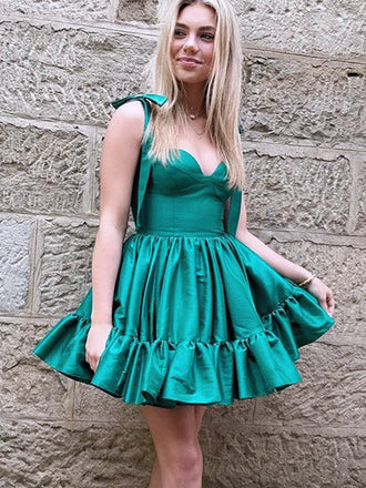Elegant Green Spaghetti Straps Ruffle Sleeveless Short Homecoming Dresses, HD29