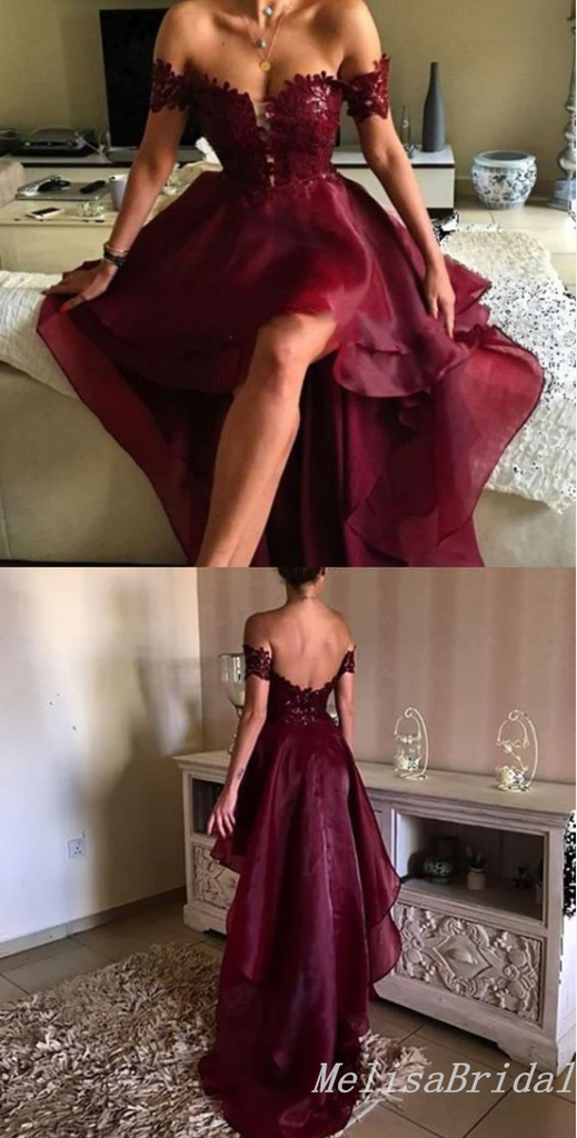 Charming Lace Appliques High Low Open Back Burgundy Off-the-shoulder Sweetheart Evening Gown Long Formal Dresses Prom Dresses,MB383