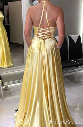 Elegant Light Yellow Lace Up Back A-Line Evening Gown Maxi Long Formal Dresses Prom Dresses ,MB439