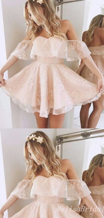 Elegant Light Pink Off-The-Shoulder Lace Appliques A-Line Short Homecoming Dresses , HD321