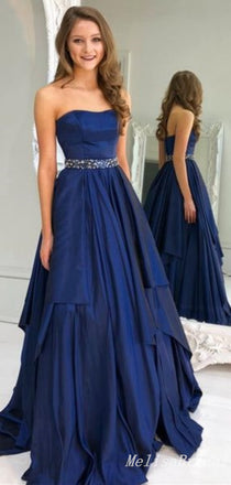 Navy Blue Strapless Beaded A-Line Evening Gown Maxi Long Evening Party Prom Dresses ,MB614