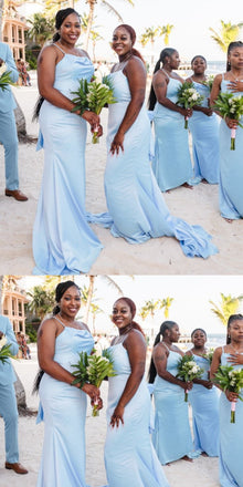 Simple Spaghetti Straps Light Blue Straight Neck Mermaid Long Bridesmaid Dresses ,BD258