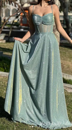 Sparkle Green Spaghetti Straps A-line Evening Gown Maxi Long Evening Party Prom Dresses ,MB782