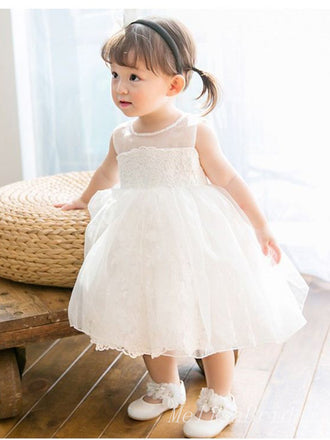 Cute White Lace Tulle A- Line Cheap Simple Long Flower Girl Dresses,FG46