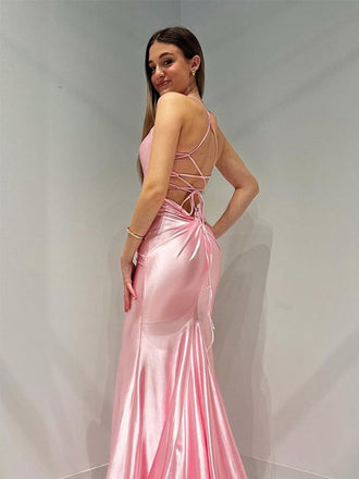 Elegant Pink Soft Satin Simple Halter Lace Up Back Mermaid Long Evening Prom Dresses,MB111