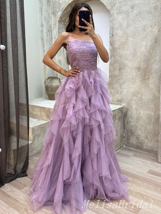 Elegant Sexy Strapless Ruffles Evening Gown Long Prom Dresses,MB239