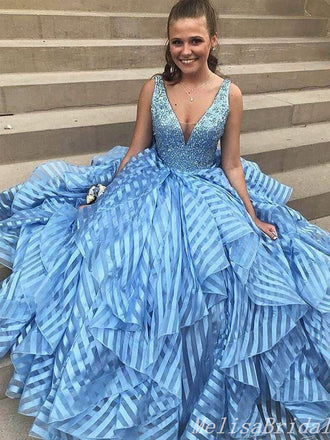 Sexy Blue Sparkle Layer A-Line Open Back Evening Gown Maxi Long Formal Dresses Prom Dresses,MB484