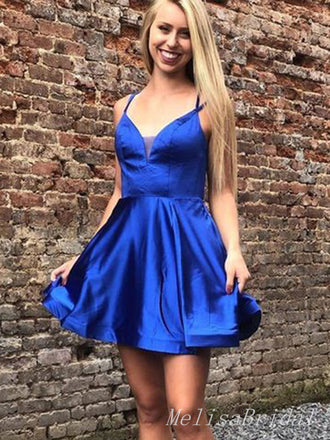 Elegant Royal Blue Spaghetti Straps A-Line Cheap Simple Short Homecoming Dresses, HD84