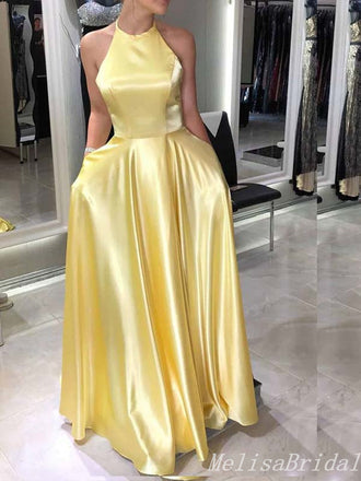 Elegant Light Yellow Lace Up Back A-Line Evening Gown Maxi Long Formal Dresses Prom Dresses ,MB439