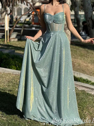 Sparkle Green Spaghetti Straps A-line Evening Gown Maxi Long Evening Party Prom Dresses ,MB782