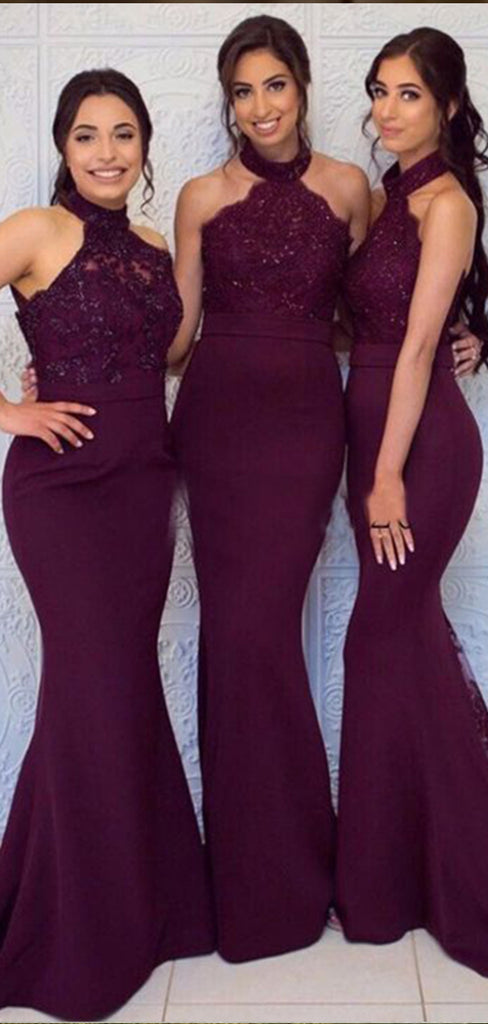 Elegant Dark Red Halter Lace Appliques Simple Cheap Mermaid Long Bridesmaid Dresses ,BD148