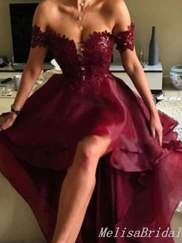 Charming Lace Appliques High Low Open Back Burgundy Off-the-shoulder Sweetheart Evening Gown Long Formal Dresses Prom Dresses,MB383