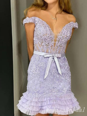 Sexy Off-the-shoulder Light Purple Plunging Mermaid Short Homecoming Dresses Tight with Ruffles, HD287