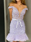 Sexy Off-the-shoulder Light Purple Plunging Mermaid Short Homecoming Dresses Tight with Ruffles, HD287