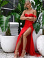 Sexy Red Off-The-Shoulder A-Line Sheer Corset Evening Gown Maxi Long Formal Dresses Prom Dresses With High Slit,MB413