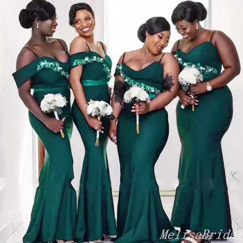 Green Spaghetti Straps Flower Decorations Mermaid Long Bridesmaid Dresses  ,BD216