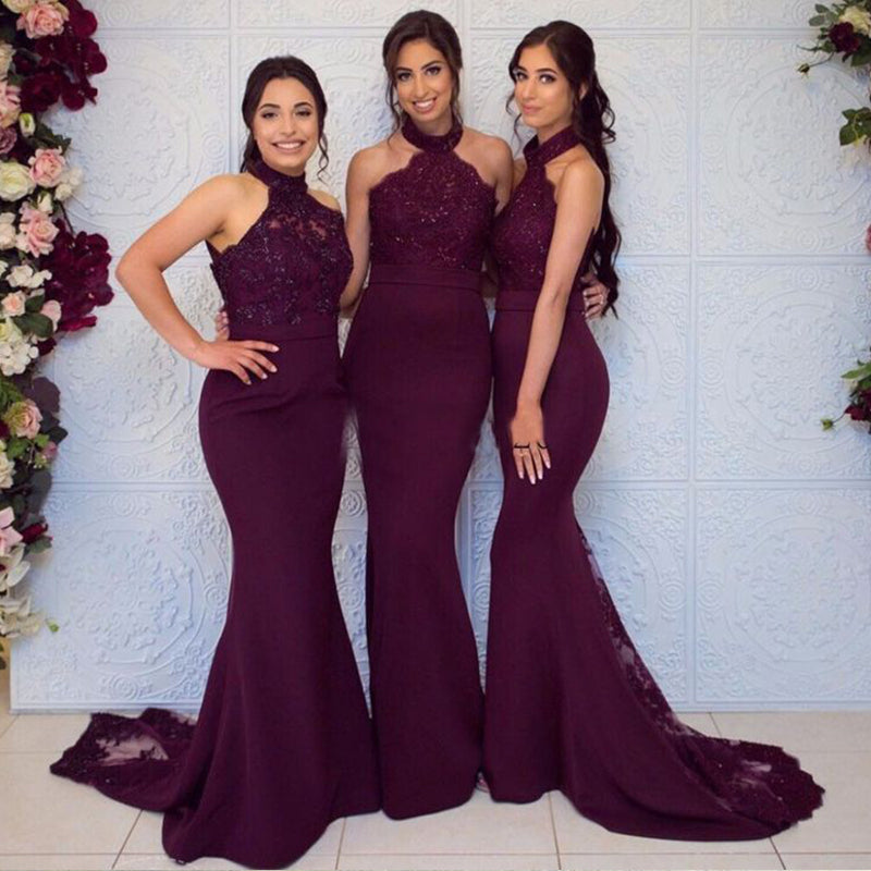 Elegant Dark Red Halter Lace Appliques Simple Cheap Mermaid Long Bridesmaid Dresses ,BD148