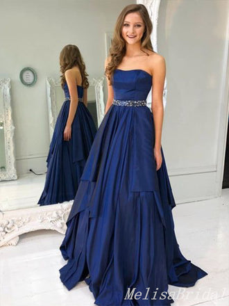 Navy Blue Strapless Beaded A-Line Evening Gown Maxi Long Evening Party Prom Dresses ,MB614