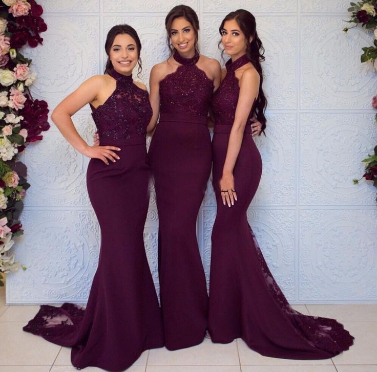 Elegant Dark Red Halter Lace Appliques Simple Cheap Mermaid Long Bridesmaid Dresses ,BD148