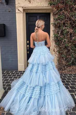 Elegant Lace Appliques Tiered Tulle Side Slit A-line Sexy Strapless Ruffles Evening Gown Long Prom Dresses,MB240